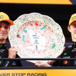 Lando Norris celebra vitória no GP da Hungria 2025 com o companheiro Oscar Piastri