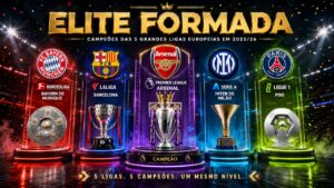 Taças das principais ligas nacionais europeias da temporada 2025/26: Premier League, LaLiga, Bundesliga, Serie A e Ligue 1