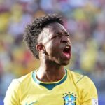 Vinicius Júnior comemora gol na estreia do Brasil na Copa 2026 contra o Marrocos