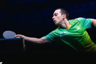 Hugo Calderano durante uma partida no Smash da Europa.