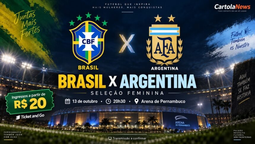 Brasil x Argentina em Pernambuco será disputado na Arena em outubro.