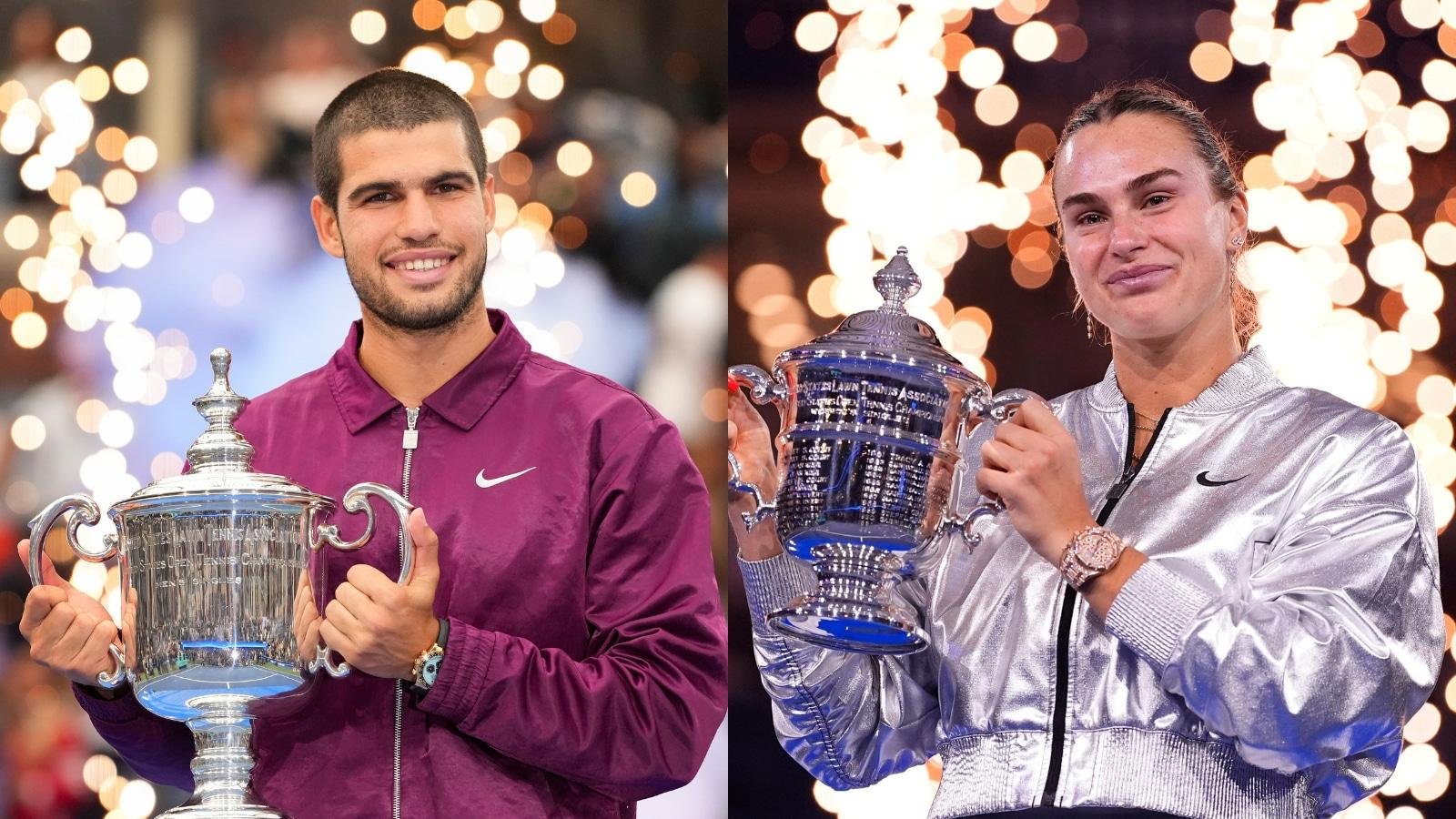 Carlos Alcaraz e Aryna Sabalenka posando com os troféus de campeões do US Open