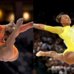 Ginástica brasileira com Flávia Saraiva e Rebeca Andrade no pódio da trave.