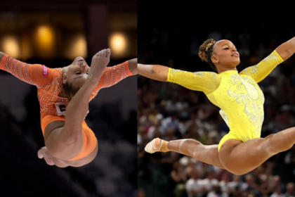 Ginástica brasileira com Flávia Saraiva e Rebeca Andrade no pódio da trave.