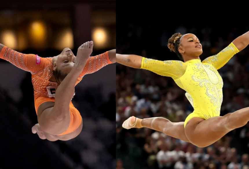 Ginástica brasileira com Flávia Saraiva e Rebeca Andrade no pódio da trave.