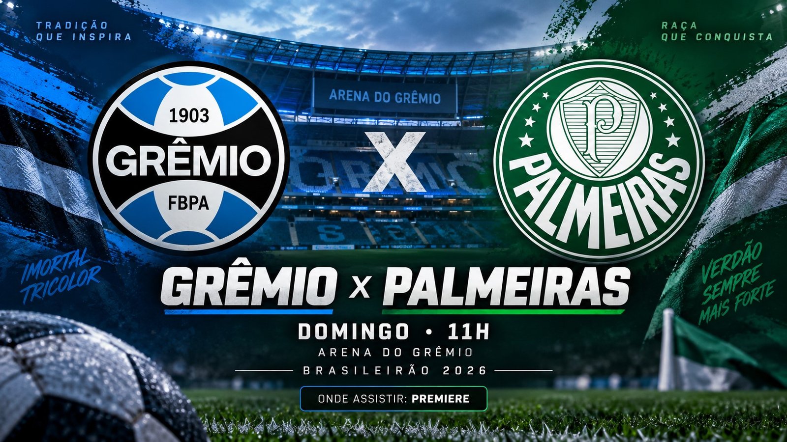 Grêmio x Palmeiras pelo Brasileirão 2026 na Arena do Grêmio.