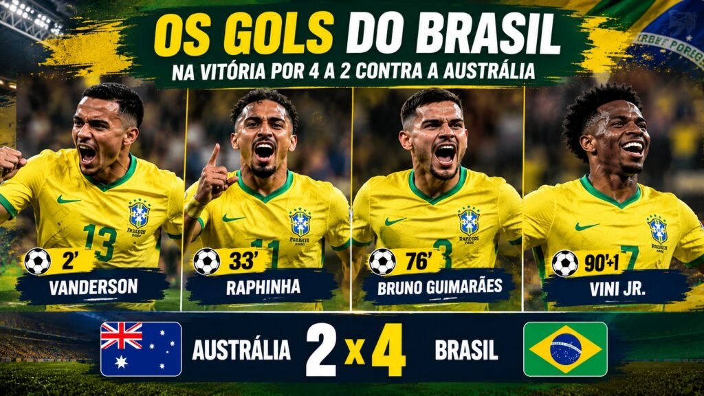 gols do Brasil na vitória por 4 a 2 sobre a Austrália