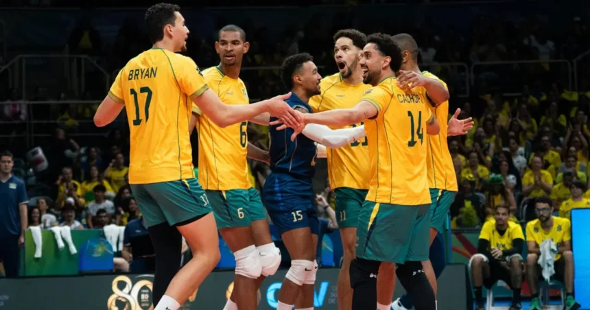 seleção brasileira masculina comemorando durante o Sul-Americano de 2026