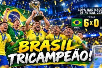 Brasil tricampeão no futsal após golear Afeganistão por 6 a 0 na Copa das Nações 2026.