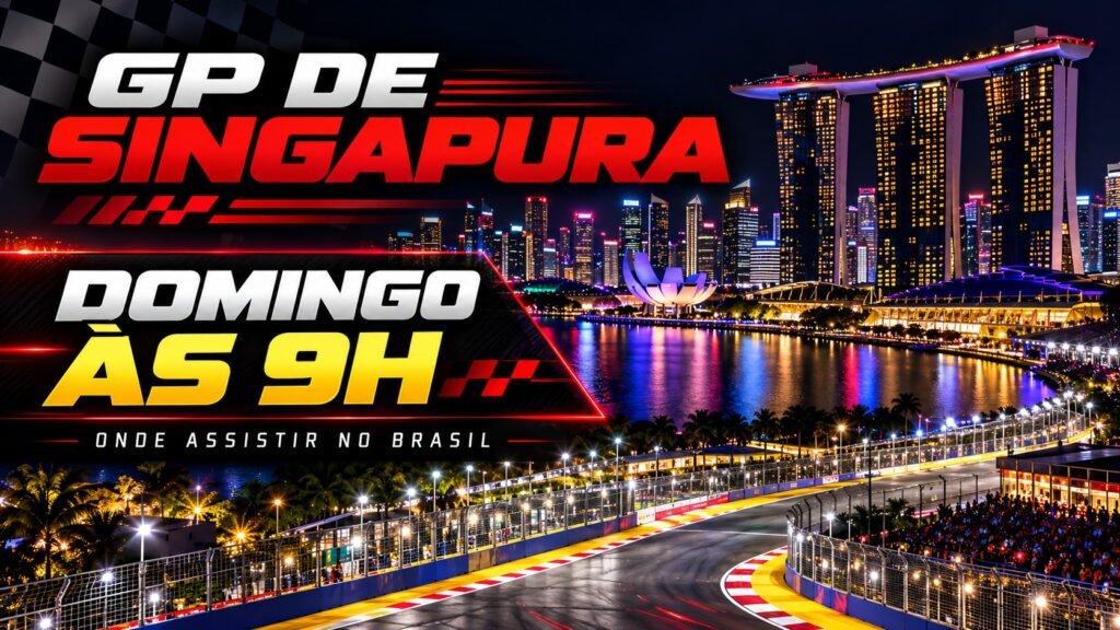 Marina Bay à noite com destaque para a chamada “Domingo, 9h”