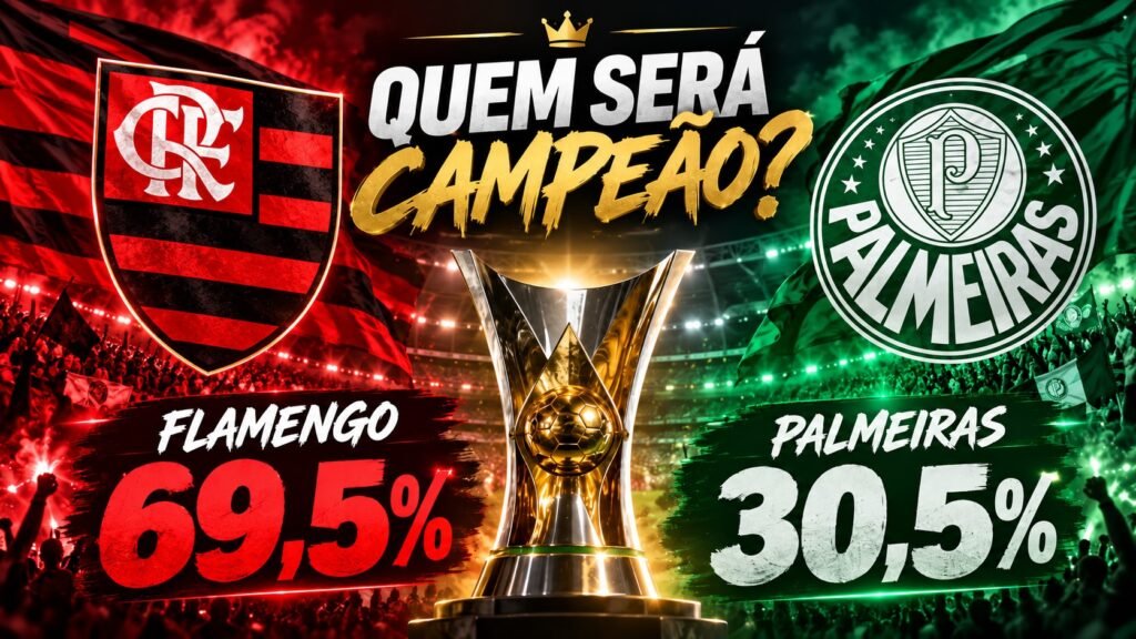 Probabilidade de título do Brasileirão 2026 aponta Flamengo com 69,5% e Palmeiras com 30,5%.