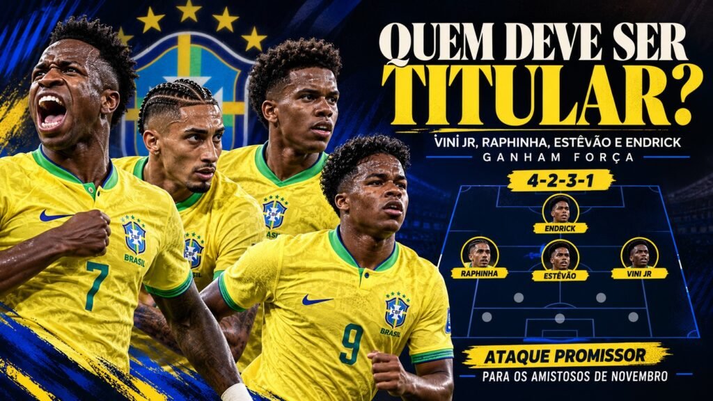 Provável ataque da Seleção Brasileira com Vinicius Júnior, Raphinha, Estêvão e Endrick.